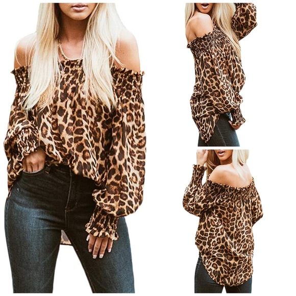Tops - Off-shoulder smocked cheetah print tunic size L/XL